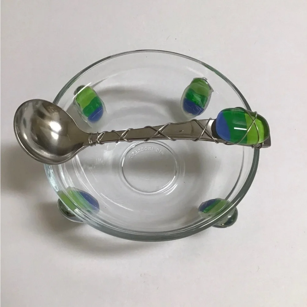 Art Glass Condiment Dish Blue Green Pebble Wire Wrapped Spoon Sea KIG Indonesia